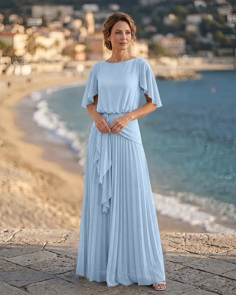 Boat Neck Mother of the Bride Dress with Flutter Sleeves
