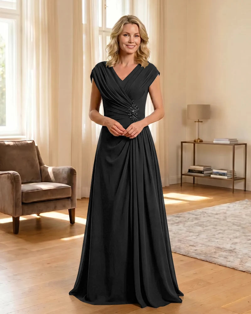 V-Neck Beaded Chiffon A-Line Mother of the Bride Dress