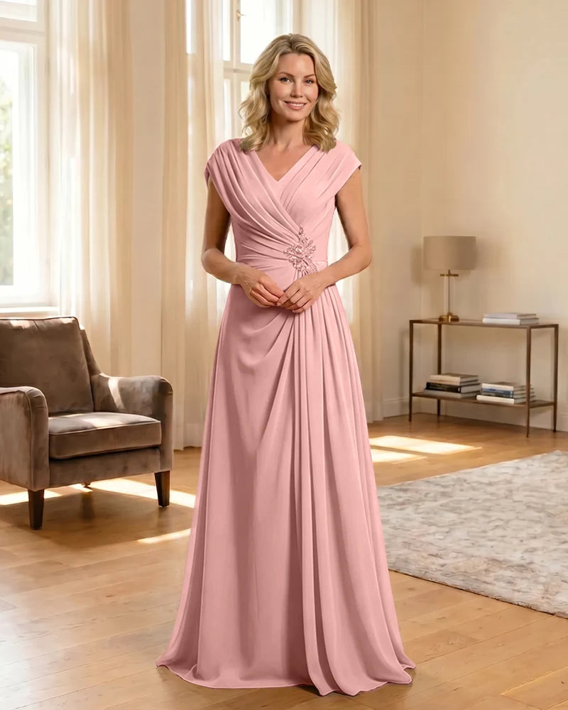 V-Neck Beaded Chiffon A-Line Mother of the Bride Dress