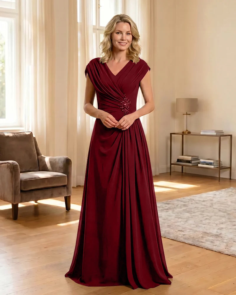V-Neck Beaded Chiffon A-Line Mother of the Bride Dress