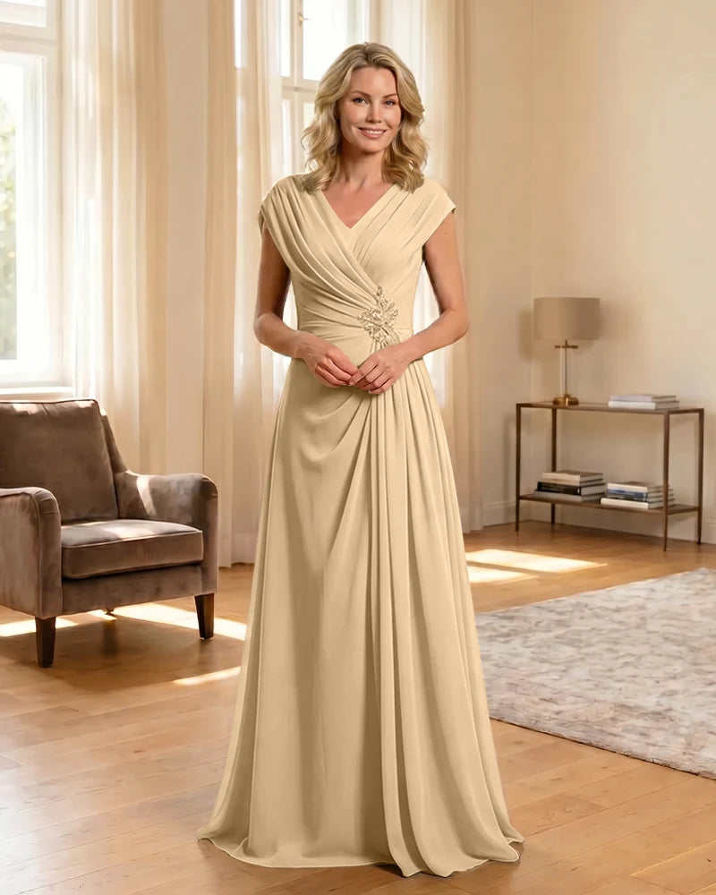 V-Neck Beaded Chiffon A-Line Mother of the Bride Dress