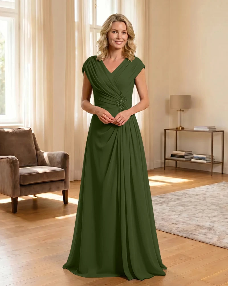 V-Neck Beaded Chiffon A-Line Mother of the Bride Dress