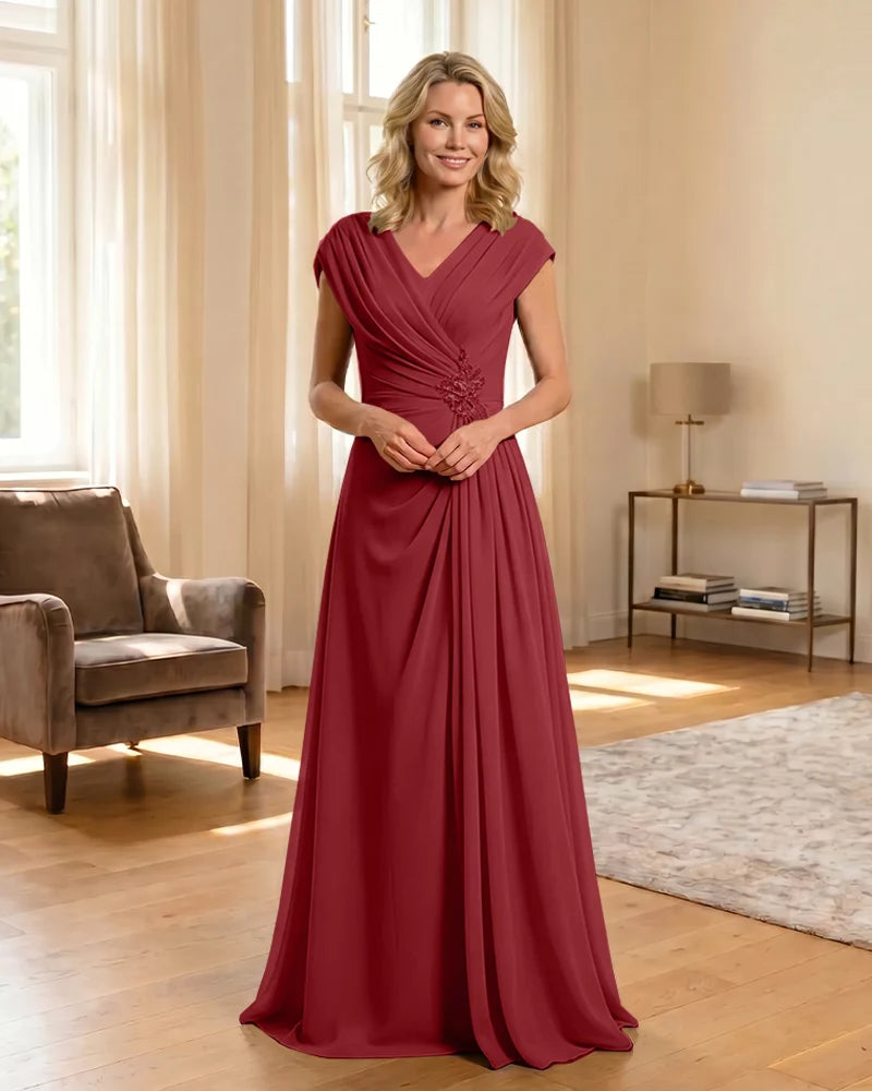 V-Neck Beaded Chiffon A-Line Mother of the Bride Dress