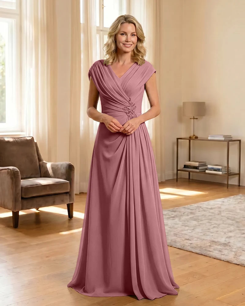 V-Neck Beaded Chiffon A-Line Mother of the Bride Dress
