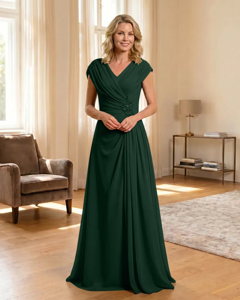 V-Neck Beaded Chiffon A-Line Mother of the Bride Dress