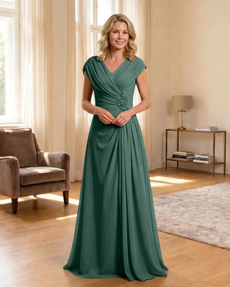 V-Neck Beaded Chiffon A-Line Mother of the Bride Dress