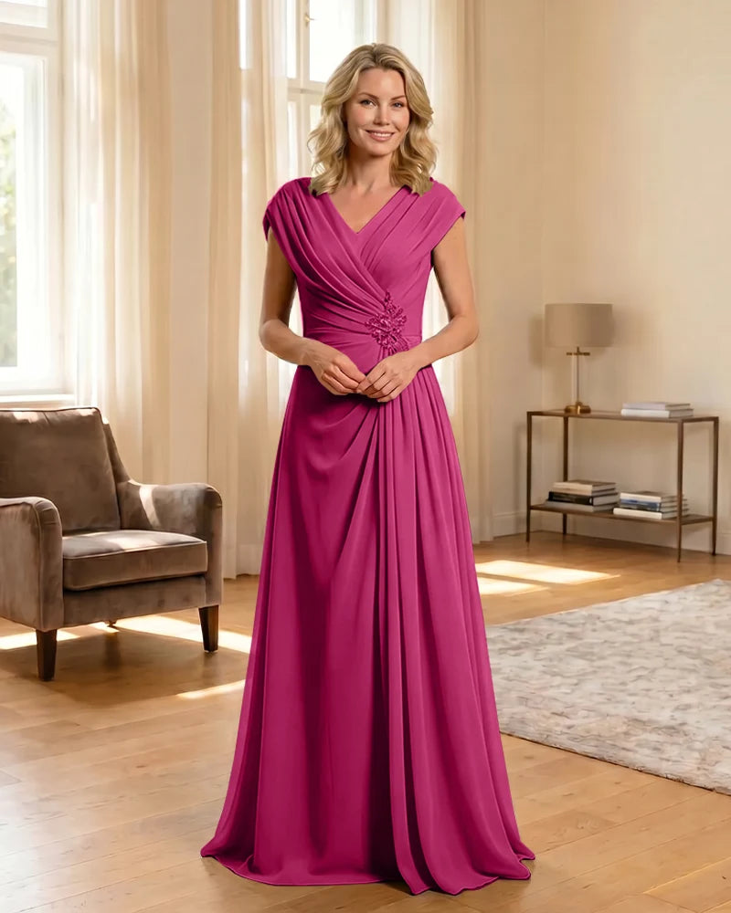 V-Neck Beaded Chiffon A-Line Mother of the Bride Dress