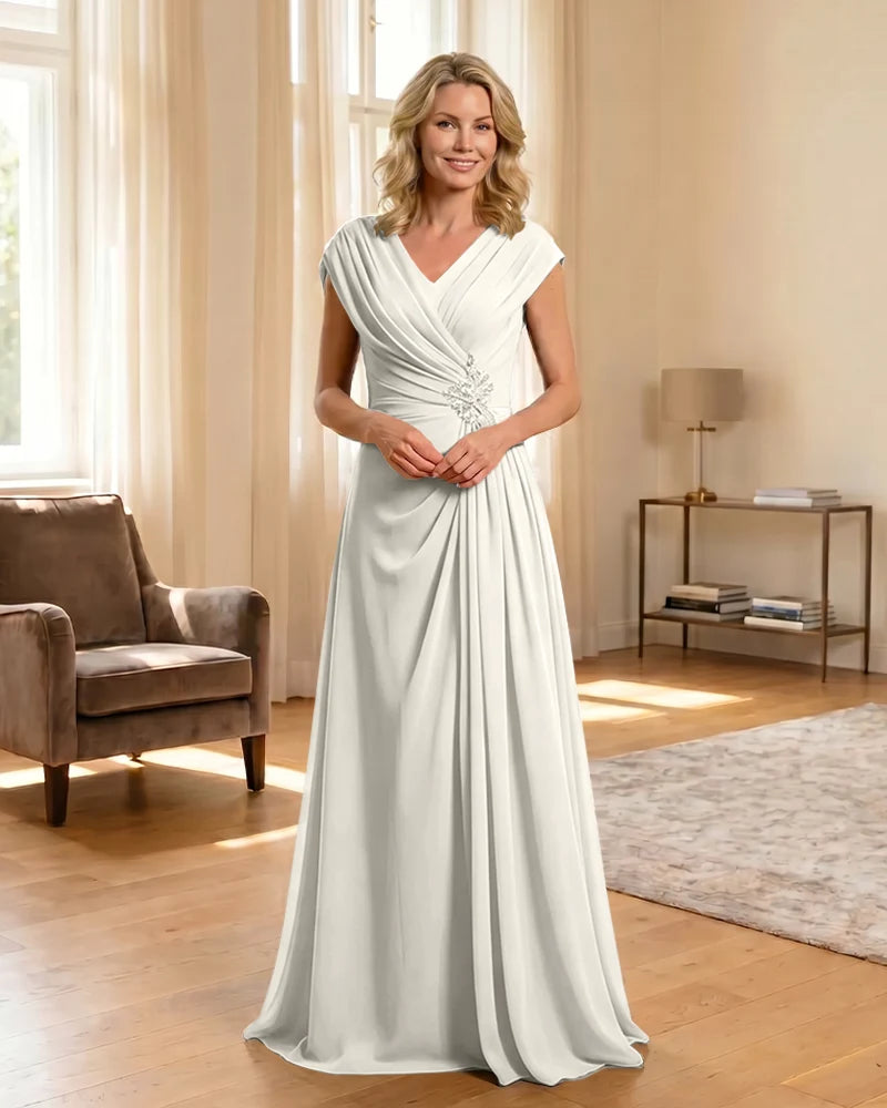 V-Neck Beaded Chiffon A-Line Mother of the Bride Dress