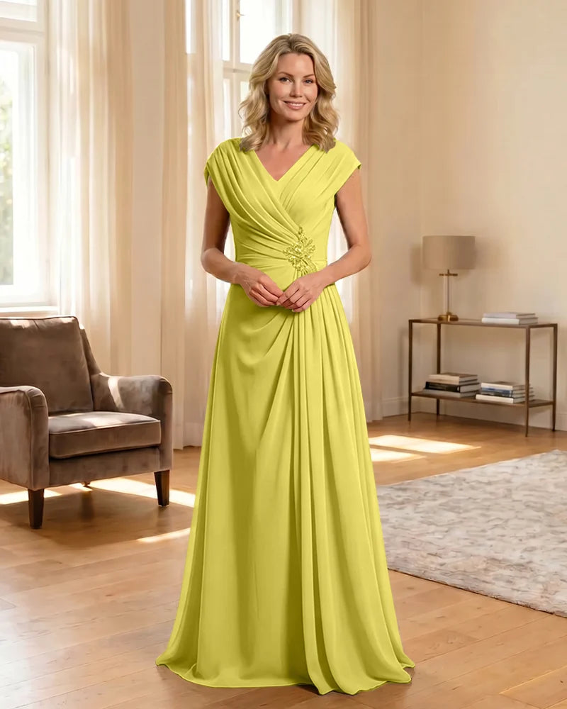V-Neck Beaded Chiffon A-Line Mother of the Bride Dress