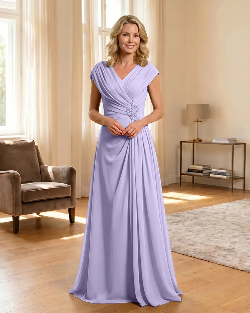 V-Neck Beaded Chiffon A-Line Mother of the Bride Dress