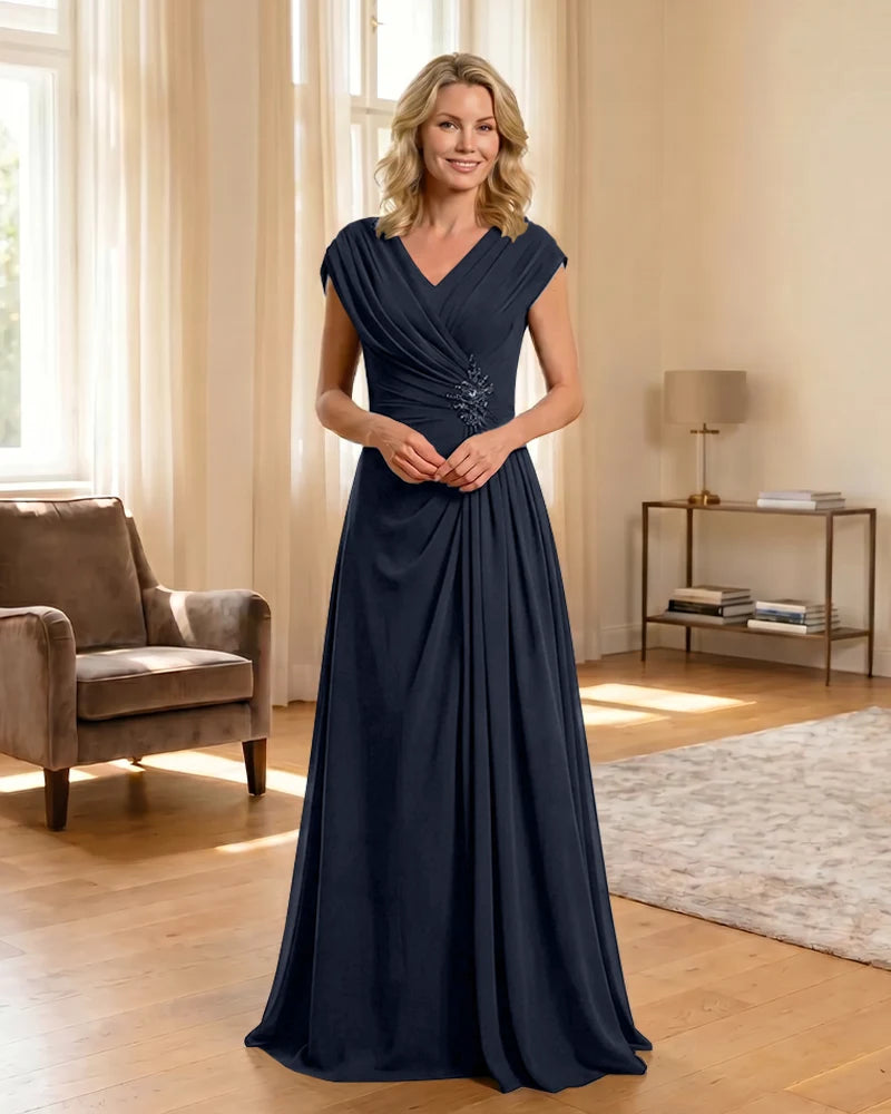 V-Neck Beaded Chiffon A-Line Mother of the Bride Dress