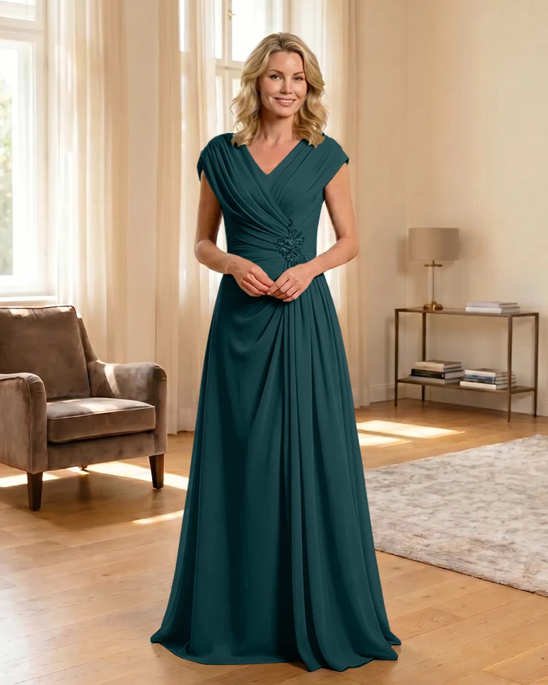 V-Neck Beaded Chiffon A-Line Mother of the Bride Dress