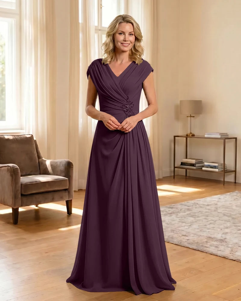 V-Neck Beaded Chiffon A-Line Mother of the Bride Dress