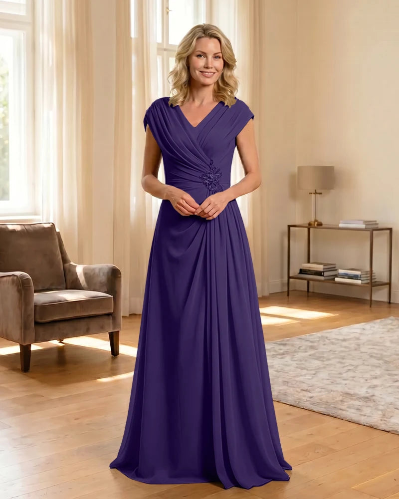 V-Neck Beaded Chiffon A-Line Mother of the Bride Dress