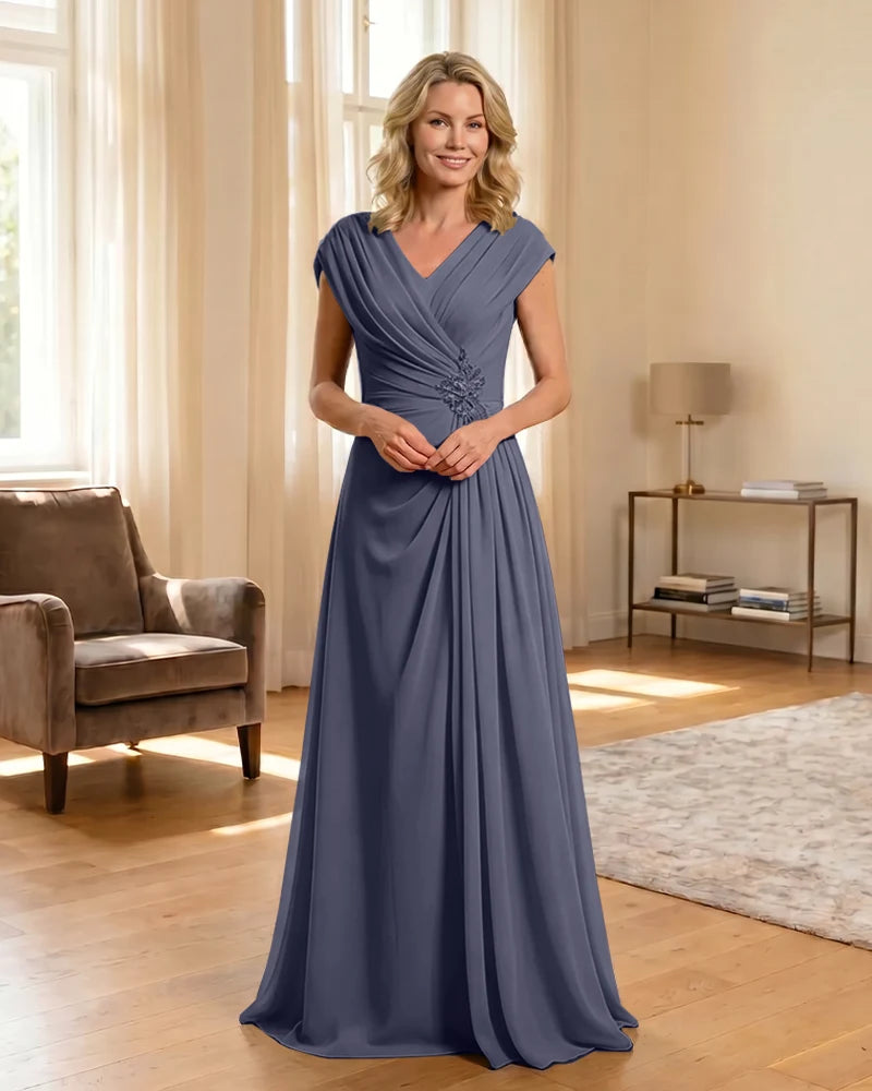 V-Neck Beaded Chiffon A-Line Mother of the Bride Dress