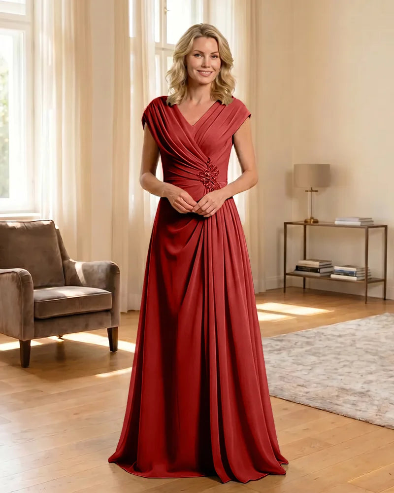 V-Neck Beaded Chiffon A-Line Mother of the Bride Dress