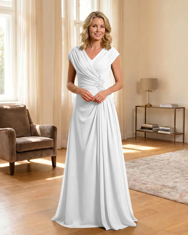 V-Neck Beaded Chiffon A-Line Mother of the Bride Dress