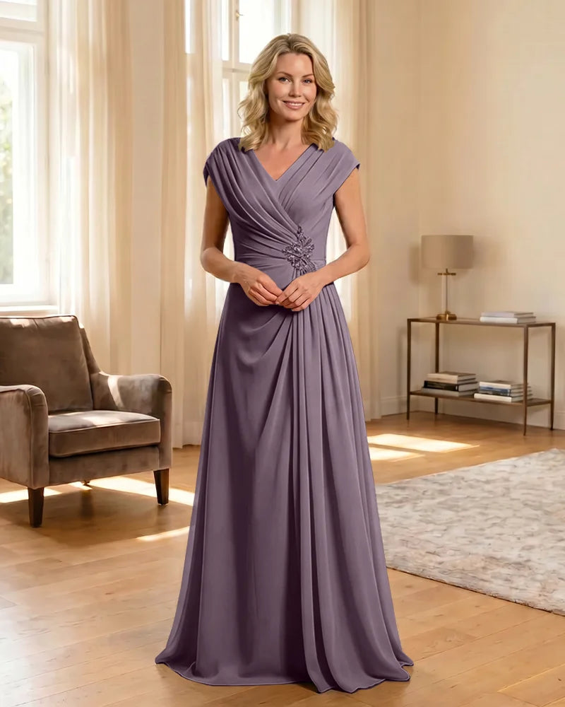 V-Neck Beaded Chiffon A-Line Mother of the Bride Dress