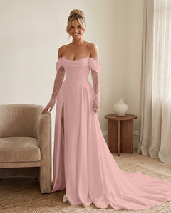 Off-the-Shoulder-Wedding-Dress-with-Lace-Sleeves-Blushing-Pink-1