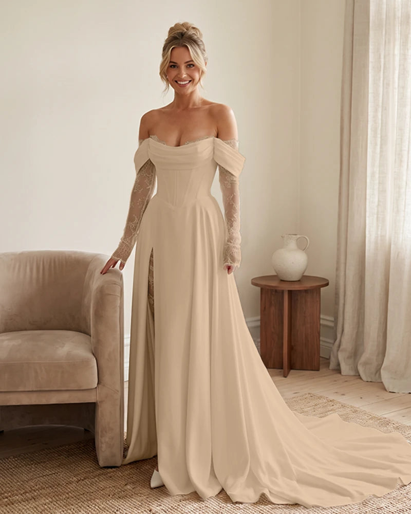 Off-the-Shoulder-Wedding-Dress-with-Lace-Sleeves-Champagne-1