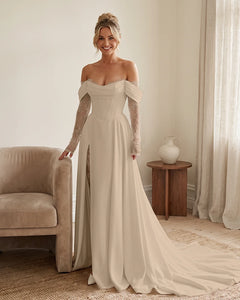 Off-the-Shoulder-Wedding-Dress-with-Lace-Sleeves-Ivory-1