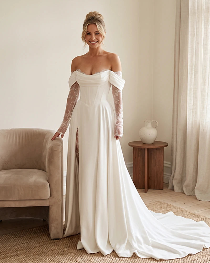 Off-the-Shoulder-Wedding-Dress-with-Lace-Sleeves-White-1