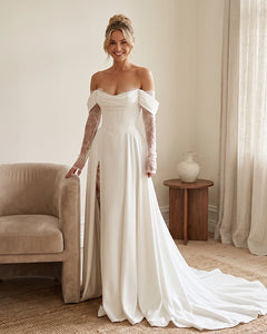 Off-the-Shoulder-Wedding-Dress-with-Lace-Sleeves-White-1