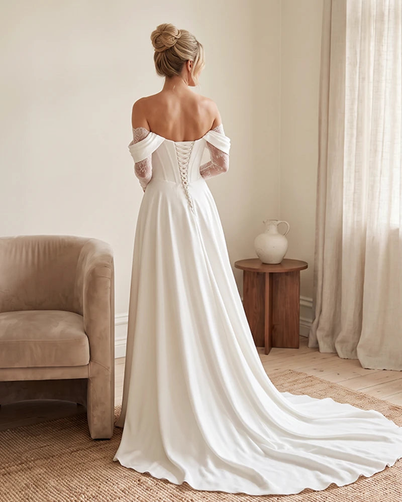 Off-the-Shoulder-Wedding-Dress-with-Lace-Sleeves-White-2