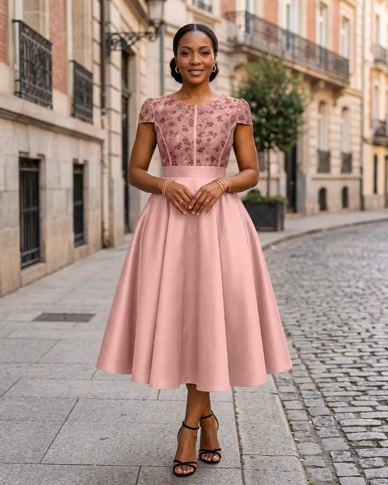 Round Neck Jacquard Bodice Mother of the Bride Dress