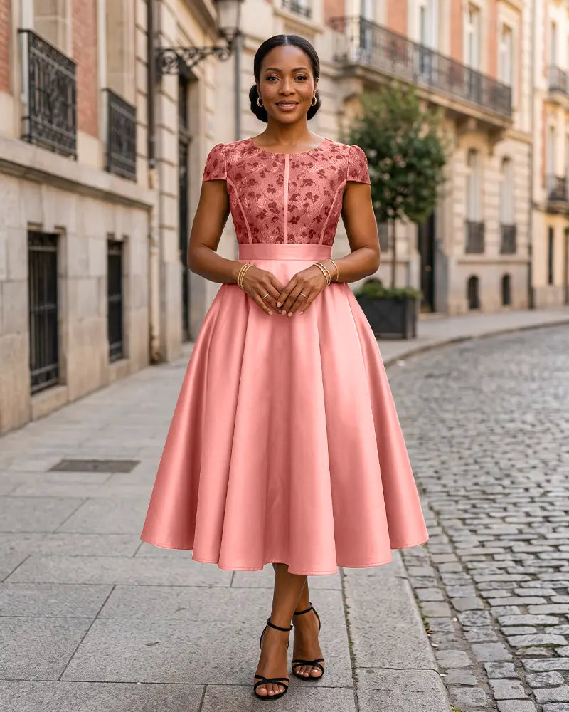 Round Neck Jacquard Bodice Mother of the Bride Dress