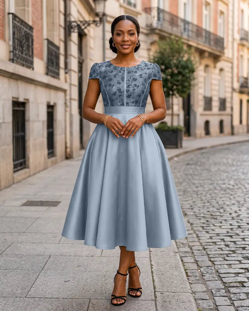 Round Neck Jacquard Bodice Mother of the Bride Dress