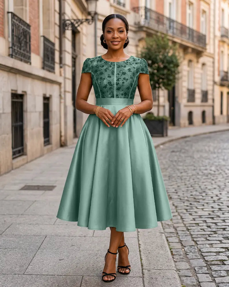 Round Neck Jacquard Bodice Mother of the Bride Dress