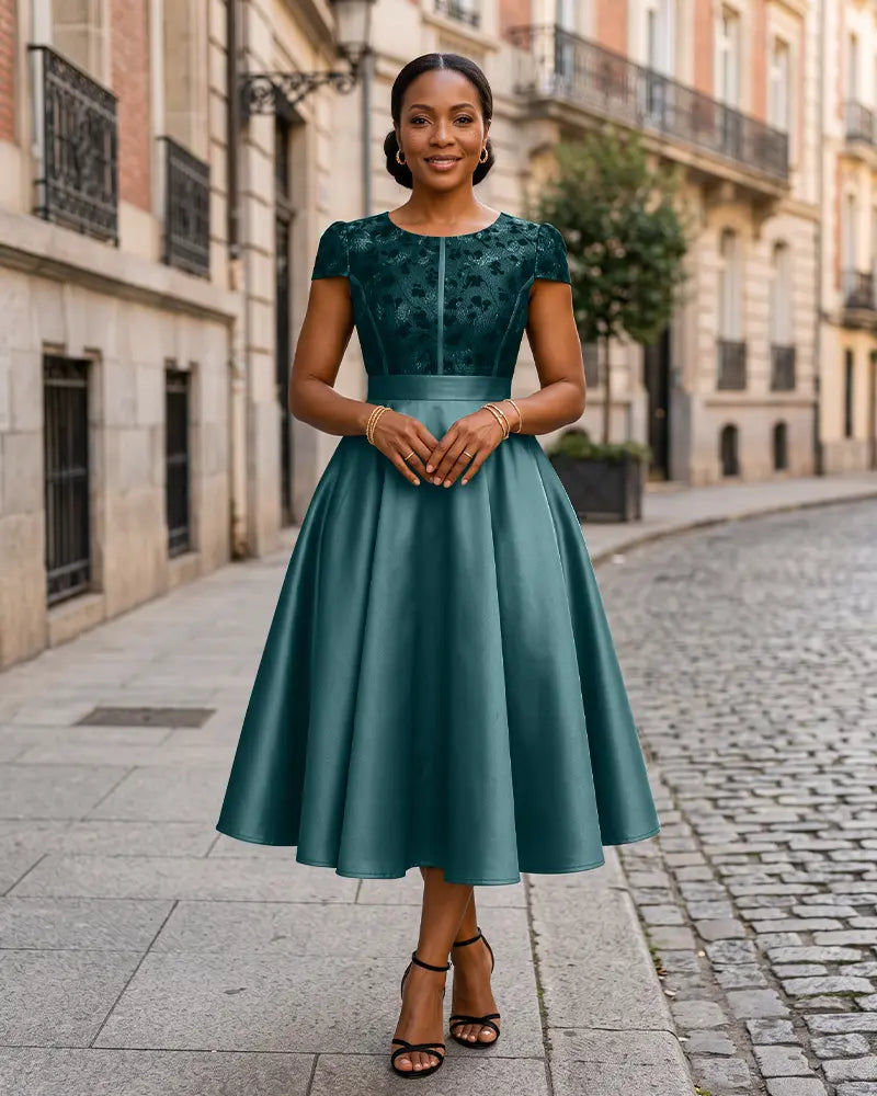 Round Neck Jacquard Bodice Mother of the Bride Dress