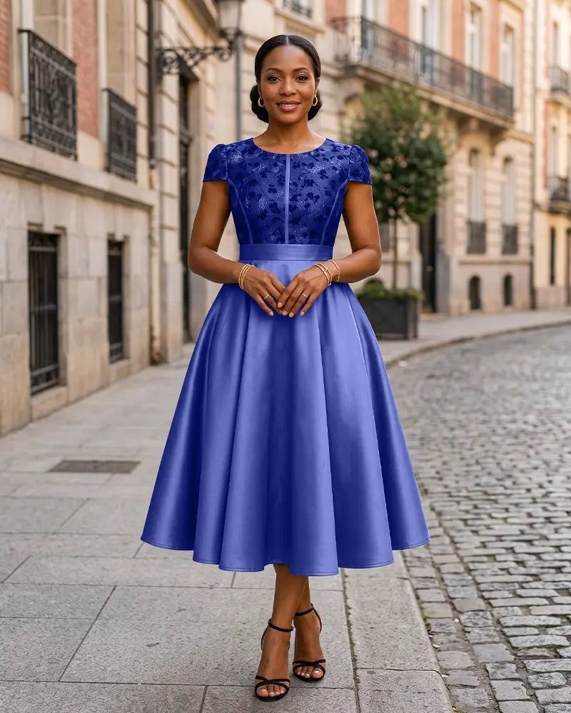 Round Neck Jacquard Bodice Mother of the Bride Dress