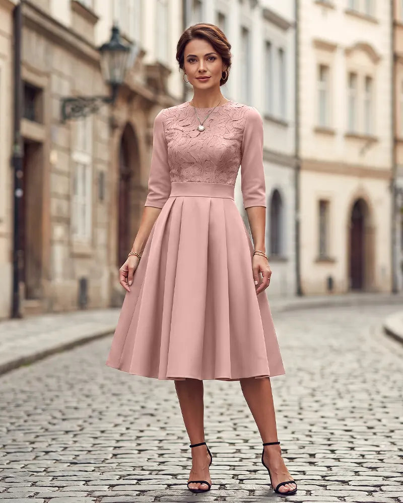 Round Neck 3/4 Sleeves Lace Bodice Mother of the Bride Dress