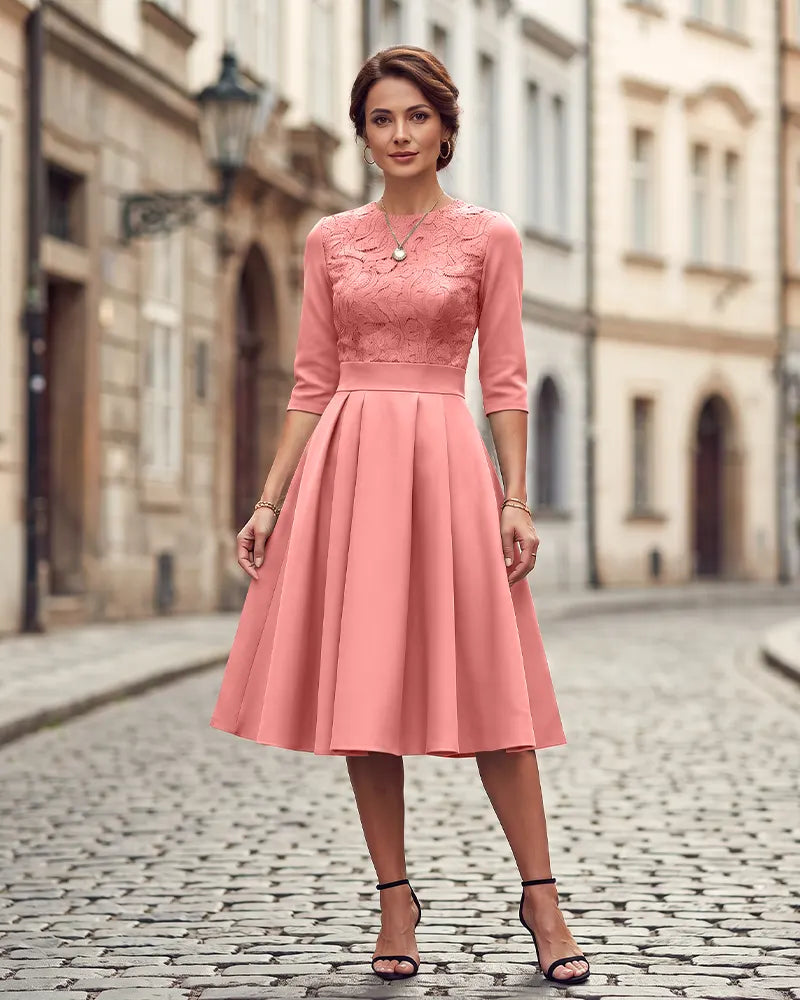 Round Neck 3/4 Sleeves Lace Bodice Mother of the Bride Dress