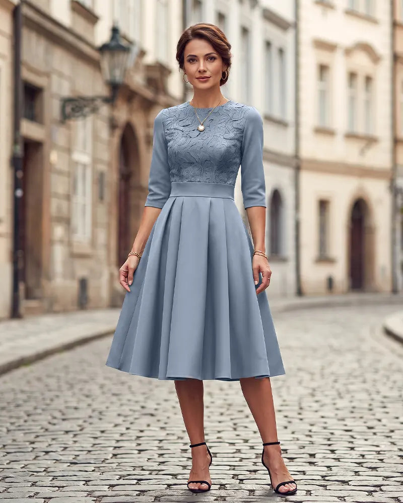 Round Neck 3/4 Sleeves Lace Bodice Mother of the Bride Dress