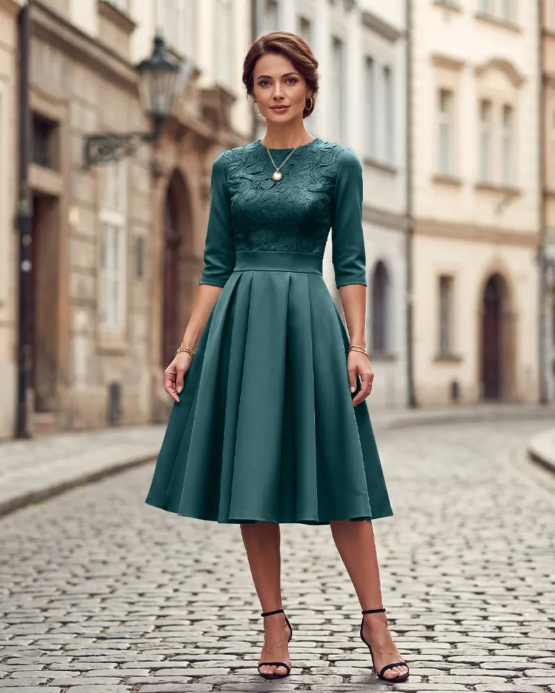 Round Neck 3/4 Sleeves Lace Bodice Mother of the Bride Dress