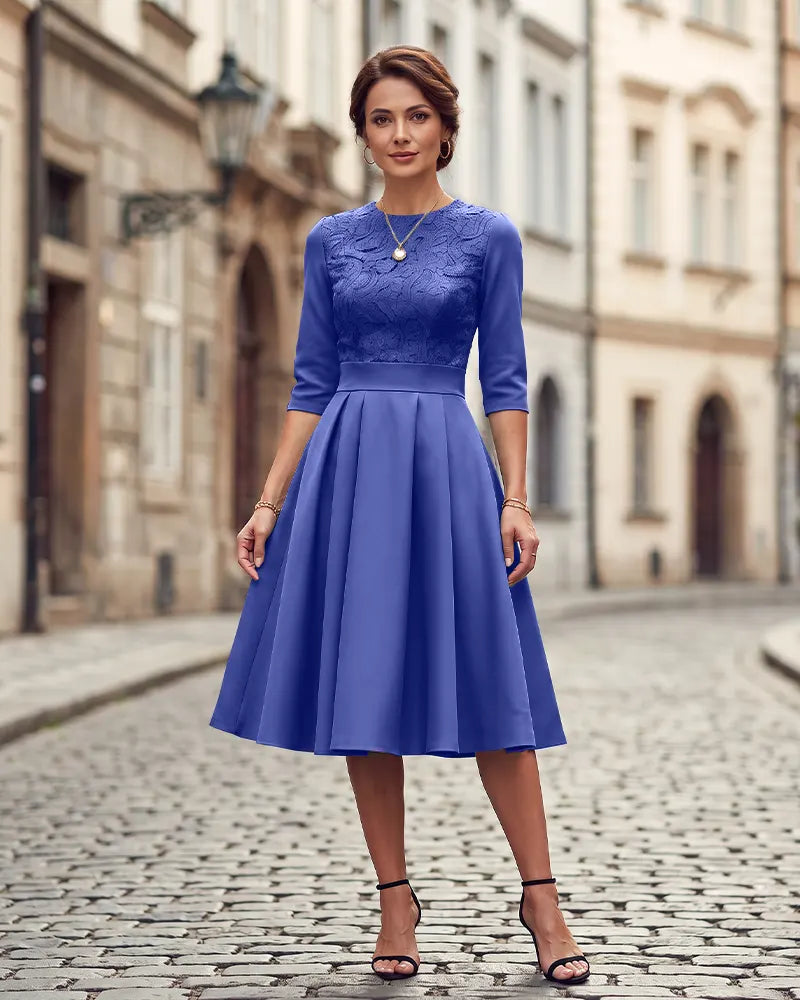 Round Neck 3/4 Sleeves Lace Bodice Mother of the Bride Dress