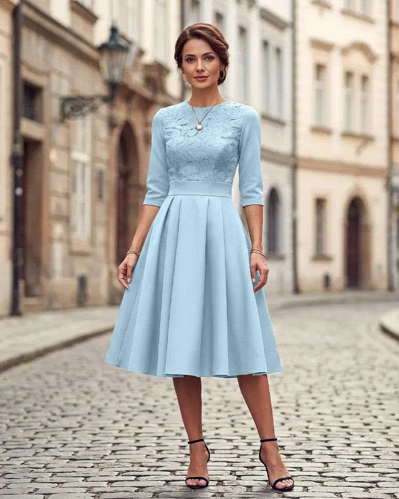 Round Neck 3/4 Sleeves Lace Bodice Mother of the Bride Dress