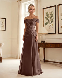 Off-the-Shoulder-Lace-Applique-Mother-of-the-Bride-Dress-Brown-1