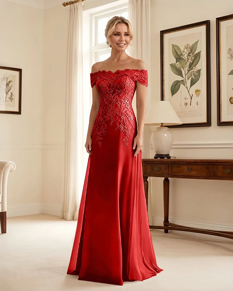 Off-the-Shoulder-Lace-Applique-Mother-of-the-Bride-Dress-Red-1