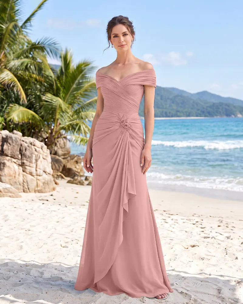 Off-the-Shoulder Pleated Chiffon Mother of the Bride Dress