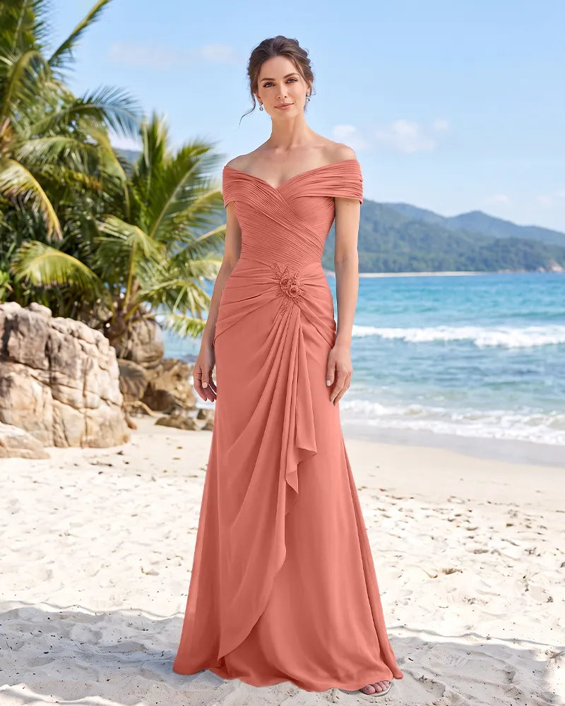 Off-the-Shoulder Pleated Chiffon Mother of the Bride Dress