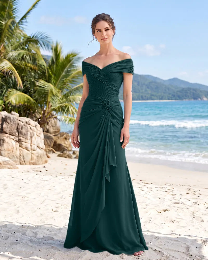 Off-the-Shoulder Pleated Chiffon Mother of the Bride Dress