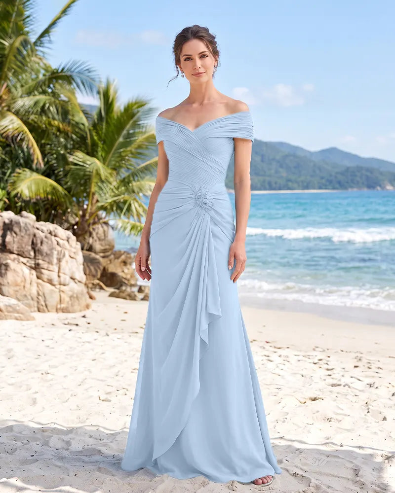 Off-the-Shoulder Pleated Chiffon Mother of the Bride Dress