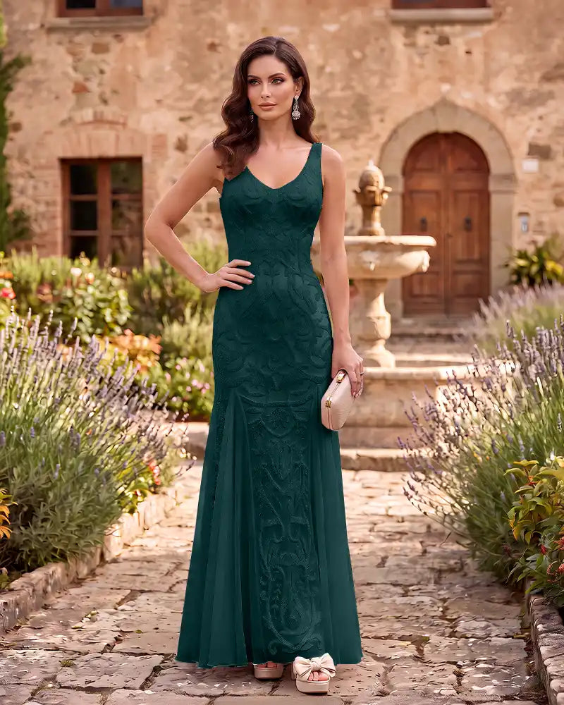 Hand Beaded V Neck Floor Length Mother of the Bride Dress