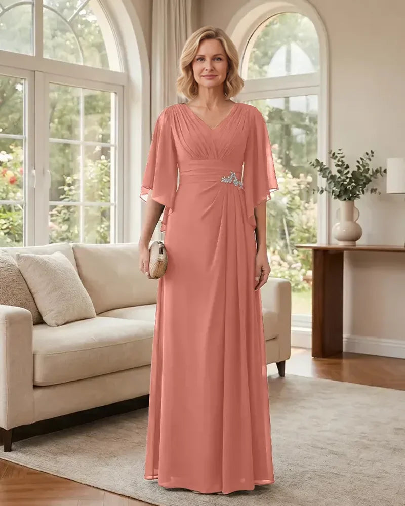 Chiffon-A-Line-Mother-of-the-Bride-Dress-with-Flutter-Sleeves-Coral-1