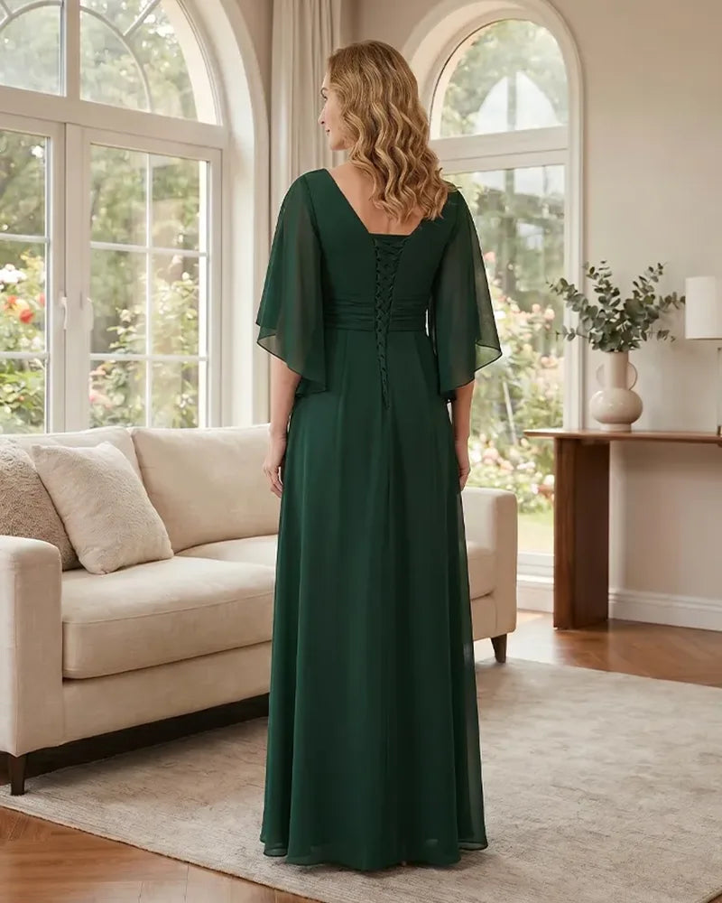 Chiffon-A-Line-Mother-of-the-Bride-Dress-with-Flutter-Sleeves-Emerald-2