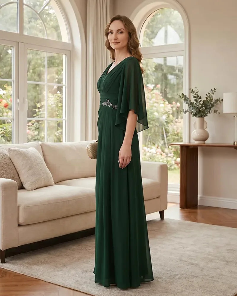 Chiffon-A-Line-Mother-of-the-Bride-Dress-with-Flutter-Sleeves-Emerald-3